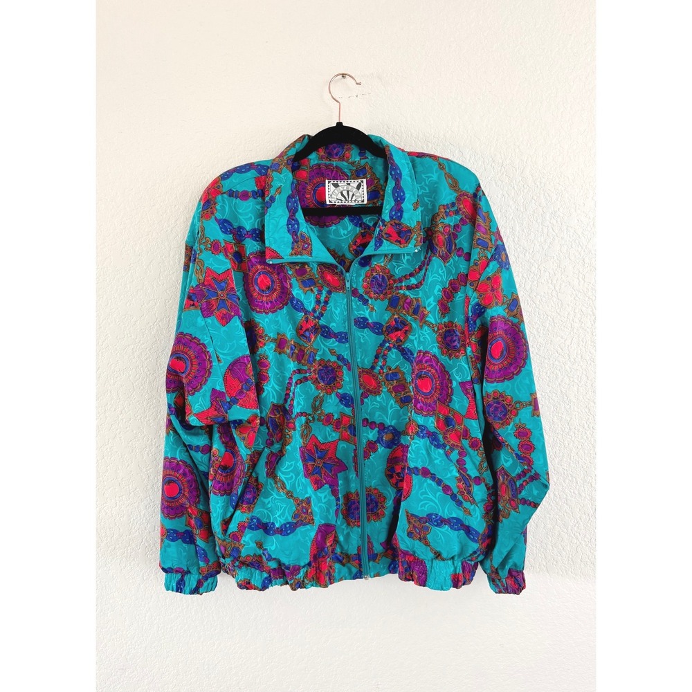 Vintage 80s Scarf Print Track Jacket Teal Jewel Chain Windbreaker XL Sunterra